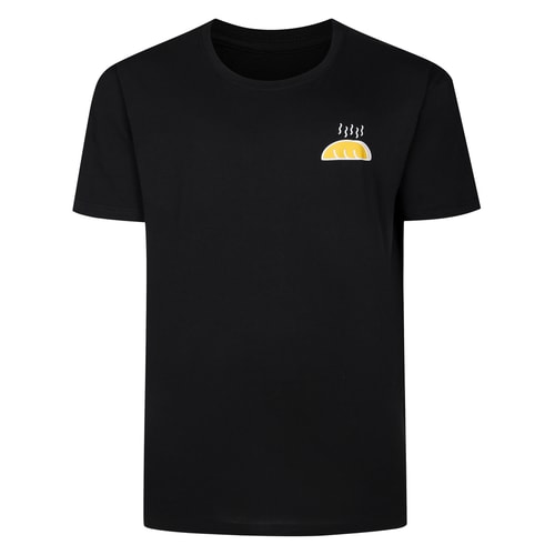 Black crew neck T-shirt front view with small taco chest print.